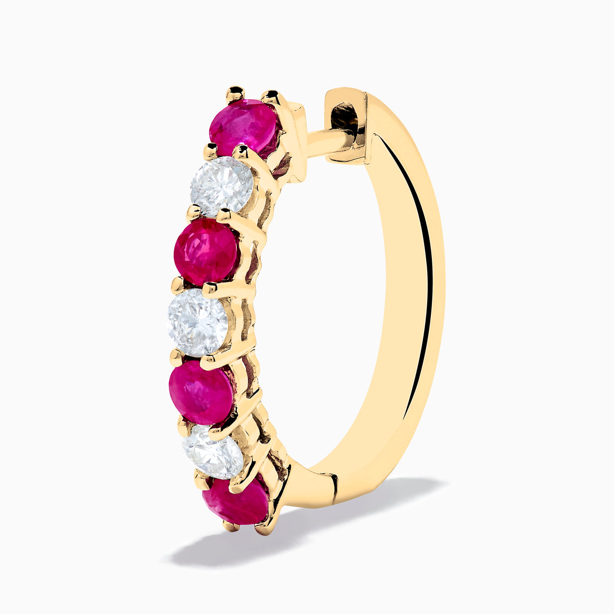 14K yellow gold hoop earrings featuring alternating round rubies and diamonds (1.10 TCW), shown on a white background.