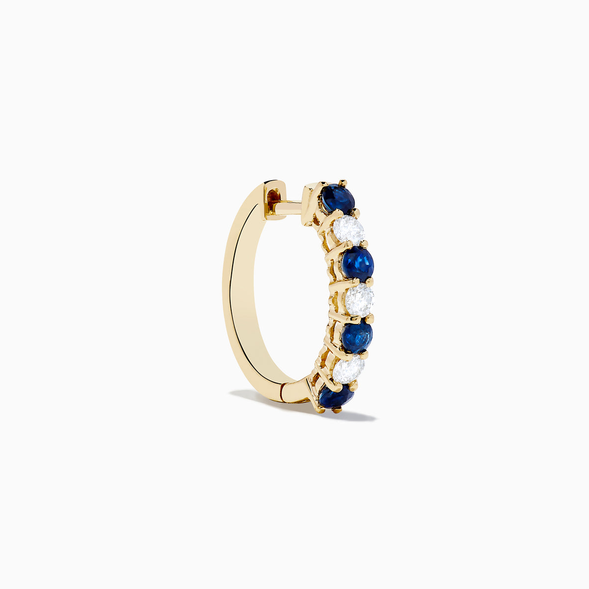The 14K Yellow Gold Blue Sapphire & Diamond Hoop Earrings, 1.10 TCW, feature alternating sapphires and diamonds in a classic hoop design, shown on a plain white background with visible shadows.
