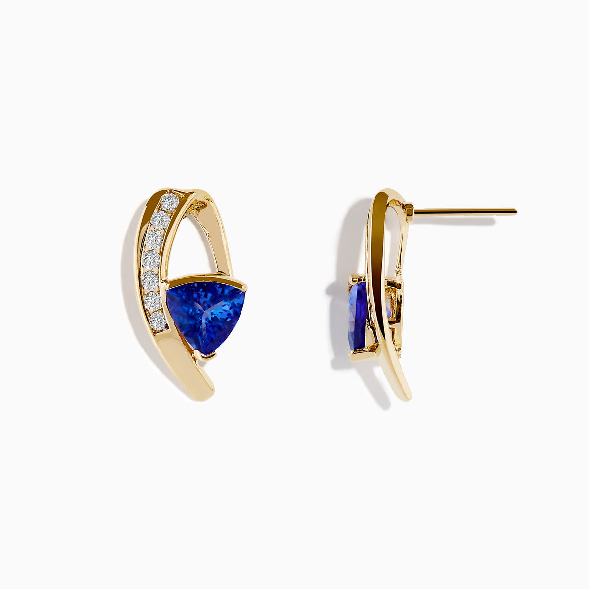 14K Yellow Gold Tanzanite and Diamond Drop Earrings featuring triangular blue tanzanite stones and a curved row of sparkling diamonds per earring, shown against a plain white background.