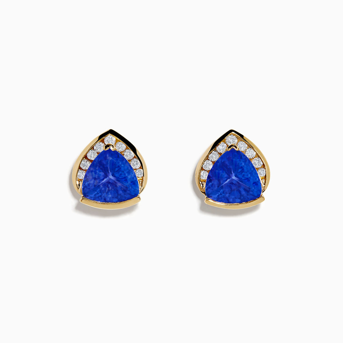 14K Yellow Gold Tanzanite and Diamond Earrings feature blue, triangle-shaped tanzanite gemstones bordered by round white diamonds; shown on a plain white background.