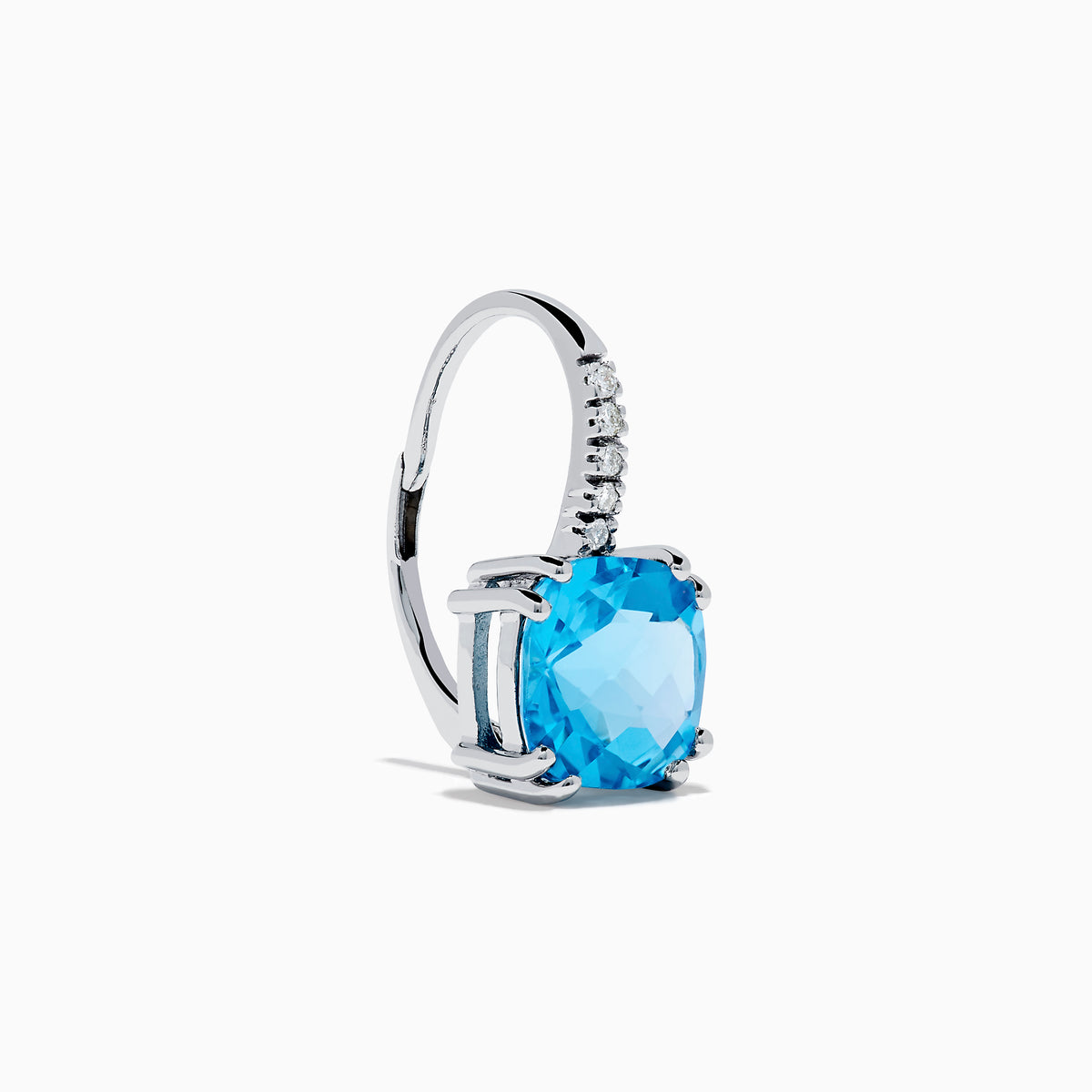 A pair of 14K White Gold Blue Topaz and Diamond Drop Earrings, featuring cushion-cut blue topaz and a row of diamonds on the hooks, displayed on a white background.