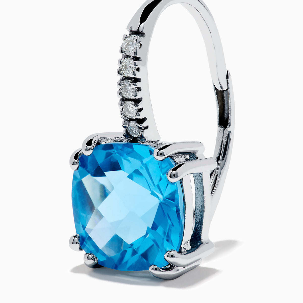 A pair of 14K White Gold Blue Topaz and Diamond Drop Earrings, featuring cushion-cut blue topaz and a row of diamonds on the hooks, displayed on a white background.