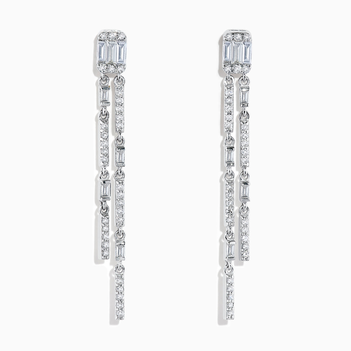 A pair of elegant Pave Classica 14K White Gold Diamond Drop Earrings featuring rectangular and round diamonds set in two parallel, dangling strands on each earring.