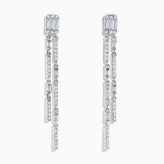A pair of elegant Pave Classica 14K White Gold Diamond Drop Earrings featuring rectangular and round diamonds set in two parallel, dangling strands on each earring.
