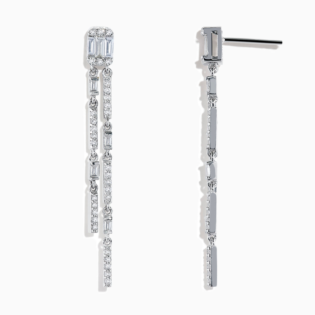 A pair of elegant Pave Classica 14K White Gold Diamond Drop Earrings featuring rectangular and round diamonds set in two parallel, dangling strands on each earring.