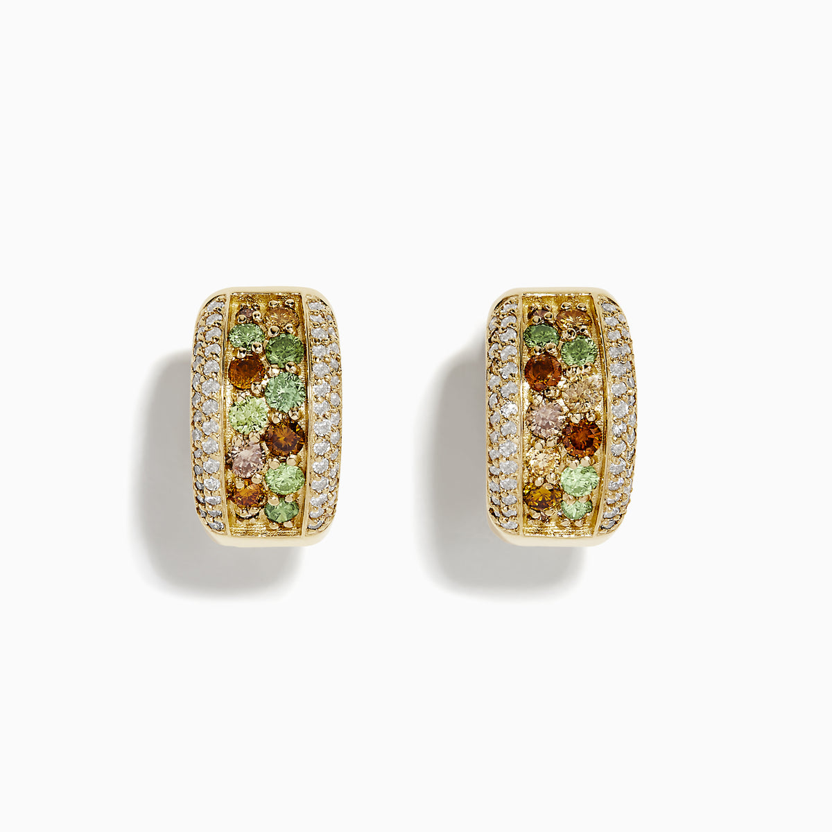 14k Yellow Gold Multi Color Diamond Huggie Earrings featuring three rows of green, brown, and yellow diamonds bordered by white diamond accents; shown against a white background.