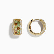 14k Yellow Gold Multi Color Diamond Huggie Earrings featuring three rows of green, brown, and yellow diamonds bordered by white diamond accents; shown against a white background.
