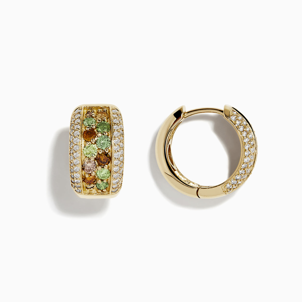 14k Yellow Gold Multi Color Diamond Huggie Earrings featuring three rows of green, brown, and yellow diamonds bordered by white diamond accents; shown against a white background.
