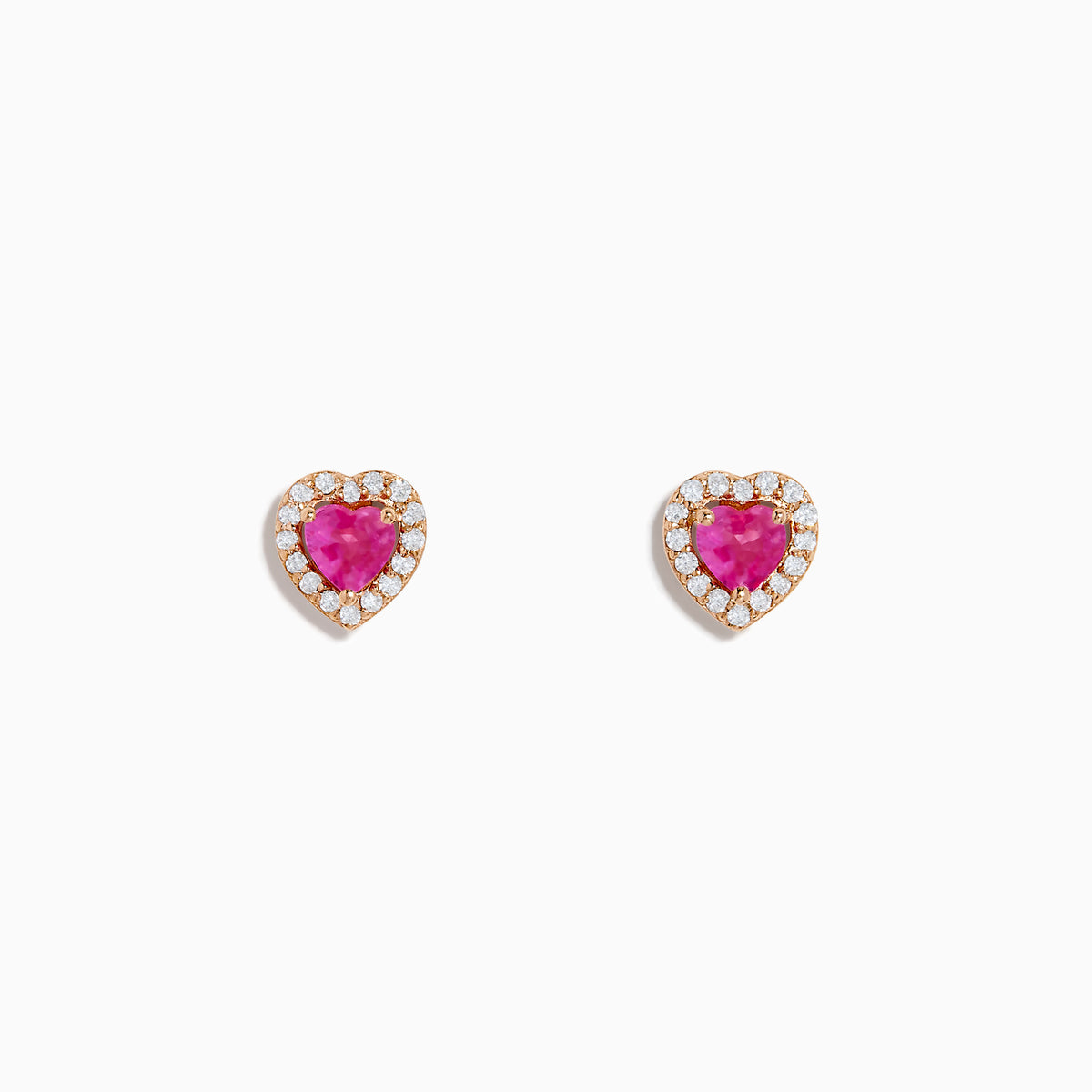 The Novelty 14K Rose Gold Pink Sapphire and Diamond Heart Earrings feature heart-shaped pink sapphires bordered by sparkling diamonds, displayed against a white background.