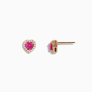 The Novelty 14K Rose Gold Pink Sapphire and Diamond Heart Earrings feature heart-shaped pink sapphires bordered by sparkling diamonds, displayed against a white background.
