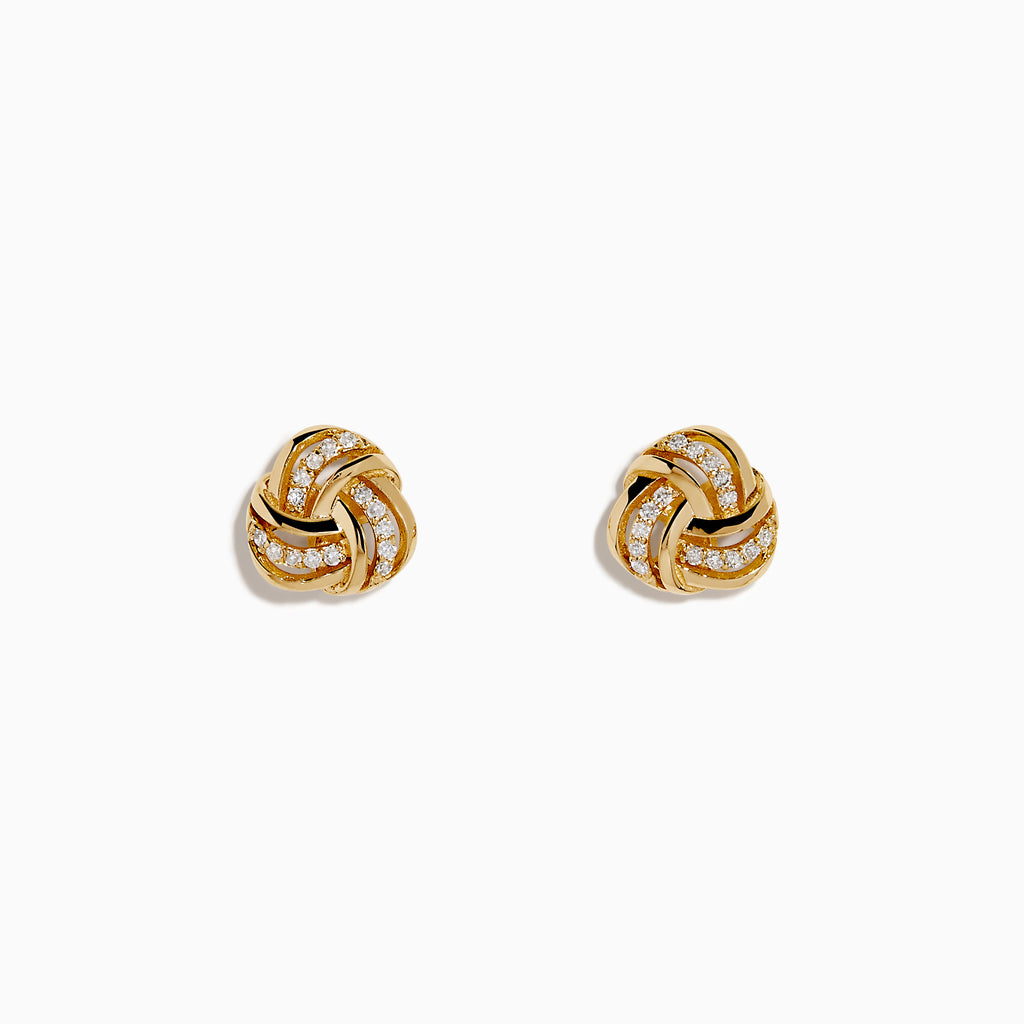 The 14K Yellow Gold Diamond Love Knot Earrings feature a delicate knot design accented with sparkling diamonds, shown against a plain white background.
