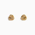 The 14K Yellow Gold Diamond Love Knot Earrings feature a delicate knot design accented with sparkling diamonds, shown against a plain white background.