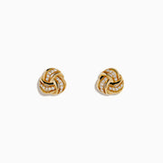 The 14K Yellow Gold Diamond Love Knot Earrings feature a delicate knot design accented with sparkling diamonds, shown against a plain white background.