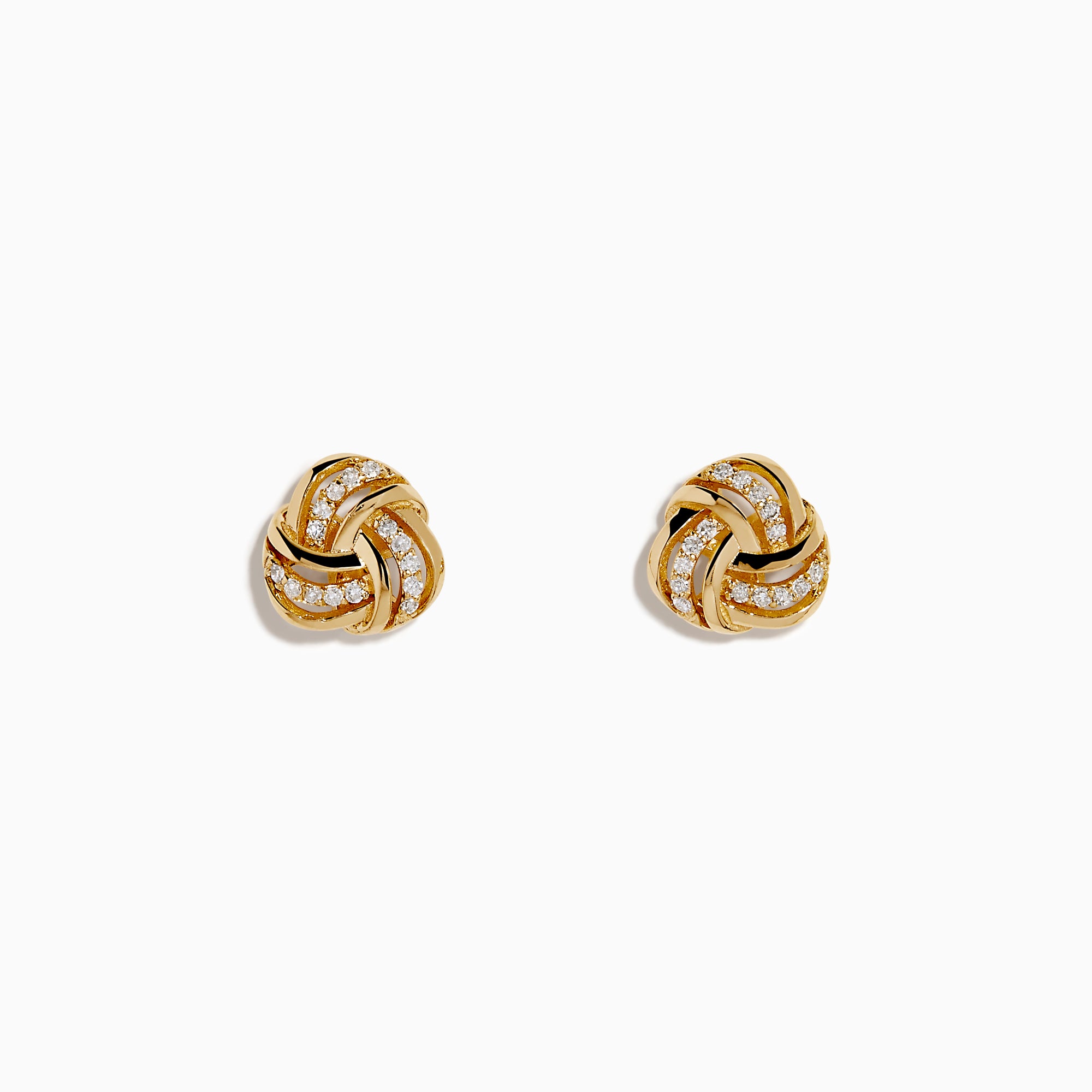 The 14K Yellow Gold Diamond Love Knot Earrings feature a delicate knot design accented with sparkling diamonds, shown against a plain white background.