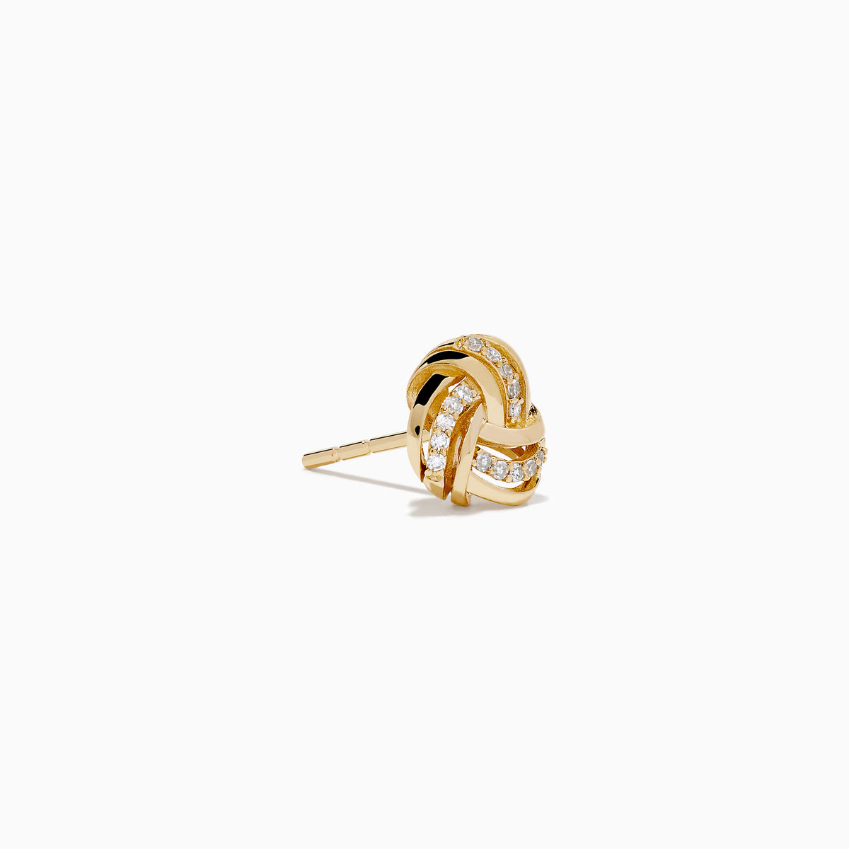 The 14K Yellow Gold Diamond Love Knot Earrings feature a delicate knot design accented with sparkling diamonds, shown against a plain white background.