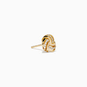 The 14K Yellow Gold Diamond Love Knot Earrings feature a delicate knot design accented with sparkling diamonds, shown against a plain white background.