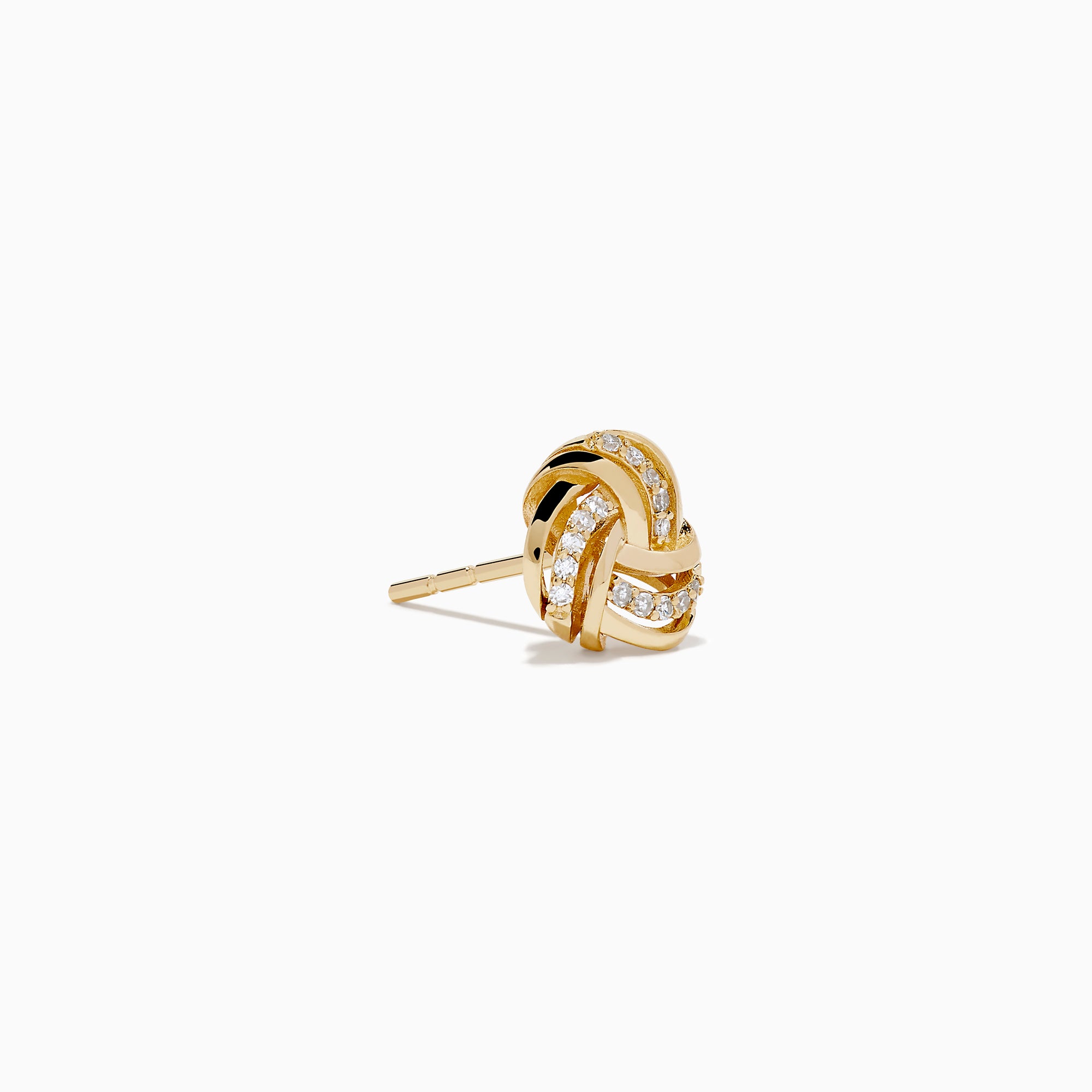 The 14K Yellow Gold Diamond Love Knot Earrings feature a delicate knot design accented with sparkling diamonds, shown against a plain white background.
