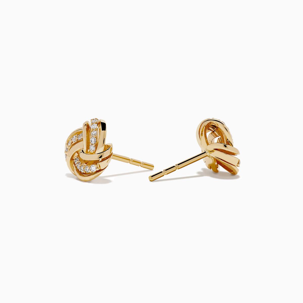 The 14K Yellow Gold Diamond Love Knot Earrings feature a delicate knot design accented with sparkling diamonds, shown against a plain white background.
