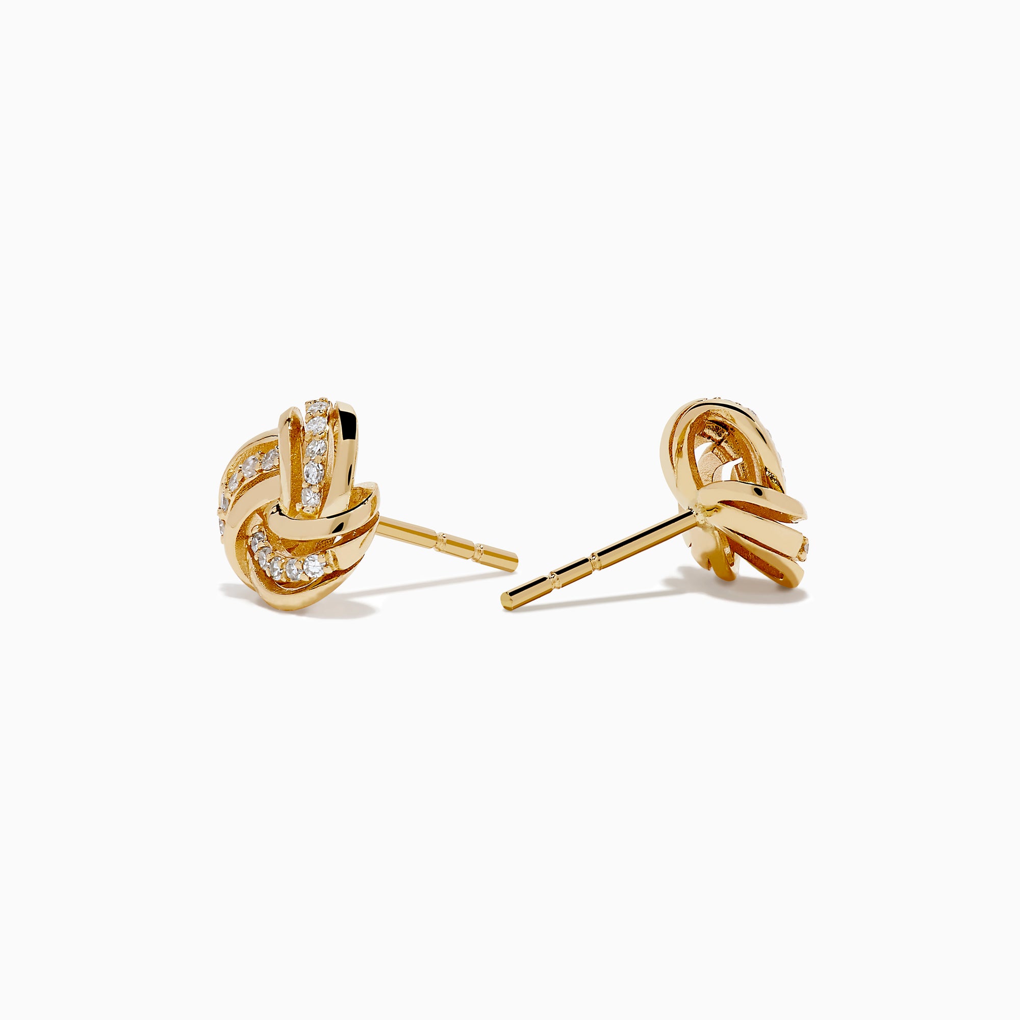 The 14K Yellow Gold Diamond Love Knot Earrings feature a delicate knot design accented with sparkling diamonds, shown against a plain white background.