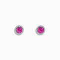 14K White Gold Pink Sapphire and Diamond Stud Earrings with round pink sapphires encircled by diamond halos, shown against a plain white background.