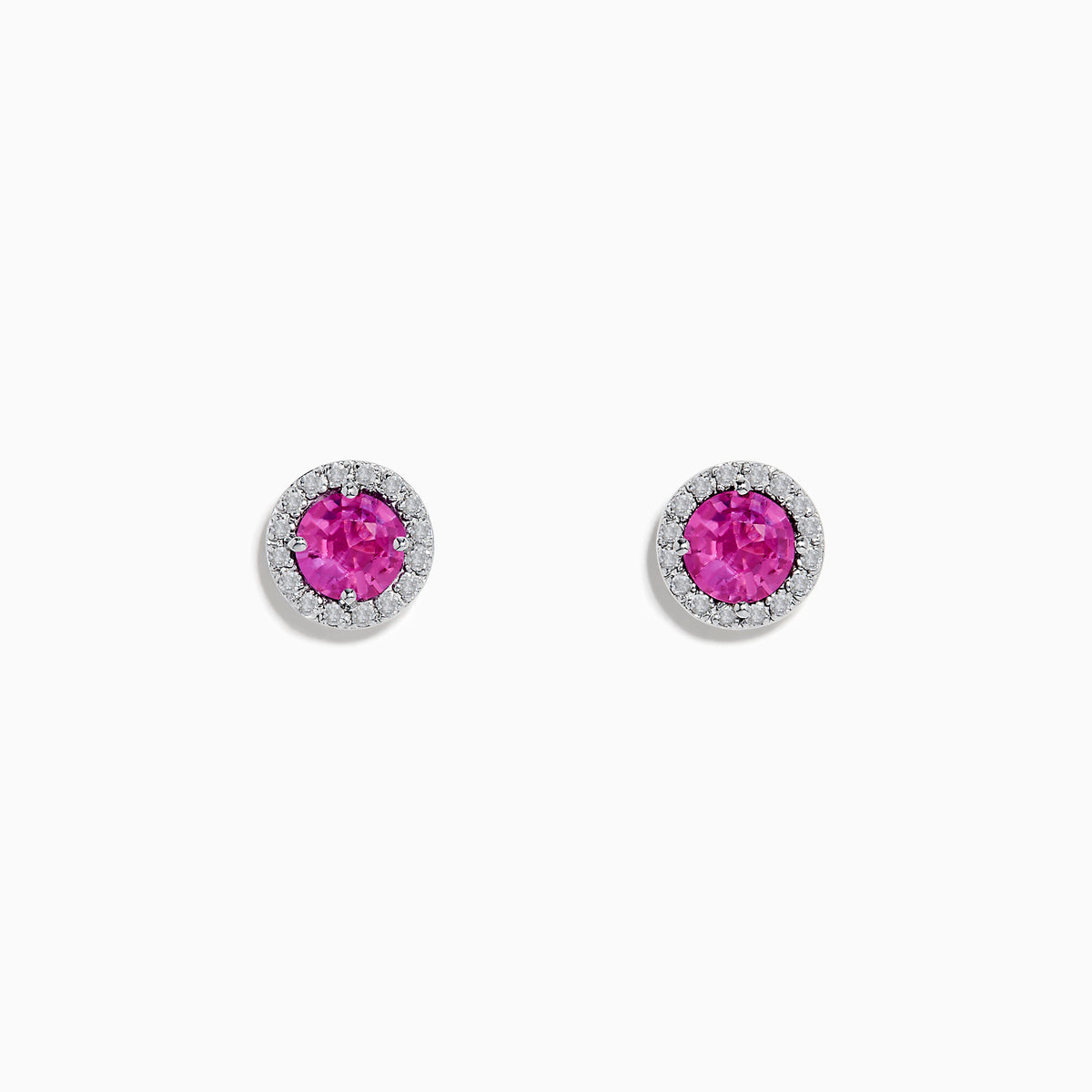 14K White Gold Pink Sapphire and Diamond Stud Earrings with round pink sapphires encircled by diamond halos, shown against a plain white background.