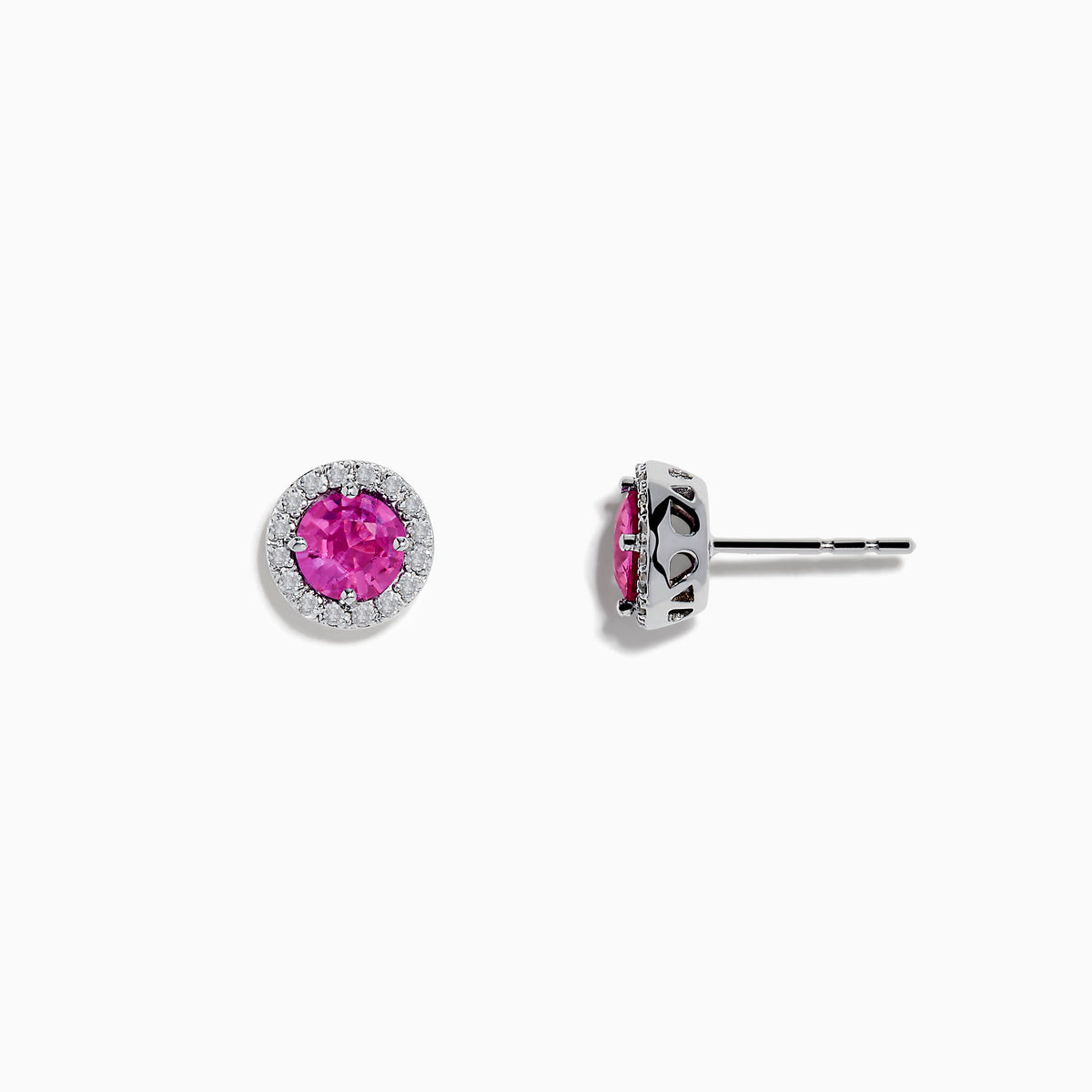 14K White Gold Pink Sapphire and Diamond Stud Earrings with round pink sapphires encircled by diamond halos, shown against a plain white background.