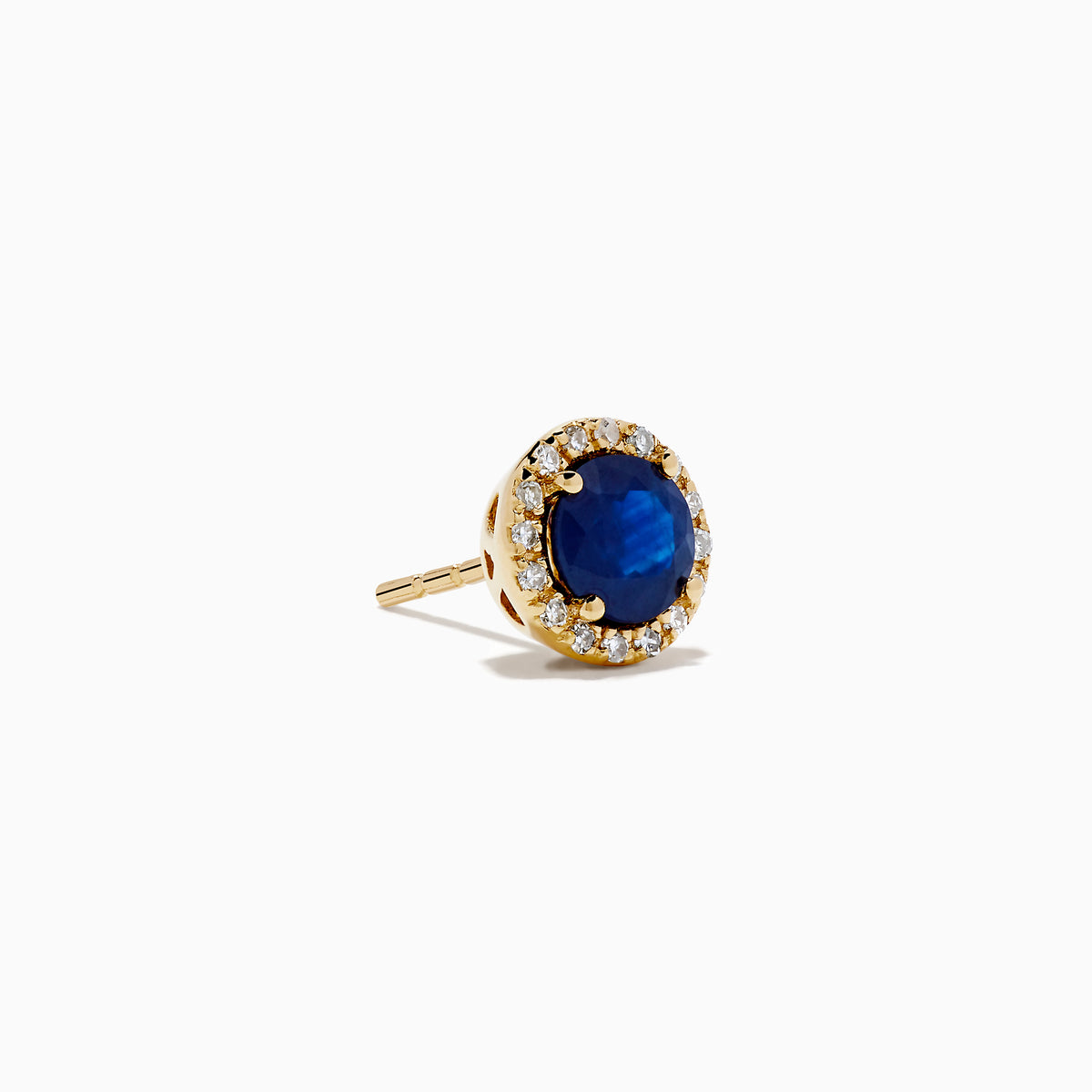 The 14K Yellow Gold Sapphire and Diamond Halo Stud Earrings feature deep blue sapphires at the center, each encircled by sparkling diamonds and displayed on a white background.