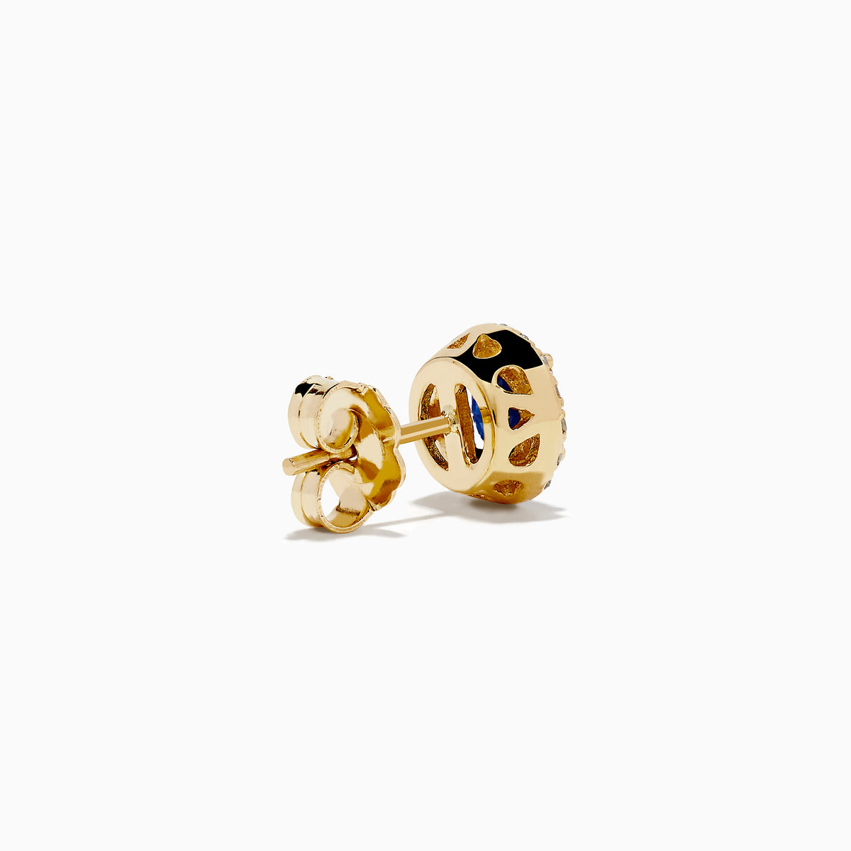 The 14K Yellow Gold Sapphire and Diamond Halo Stud Earrings feature deep blue sapphires at the center, each encircled by sparkling diamonds and displayed on a white background.
