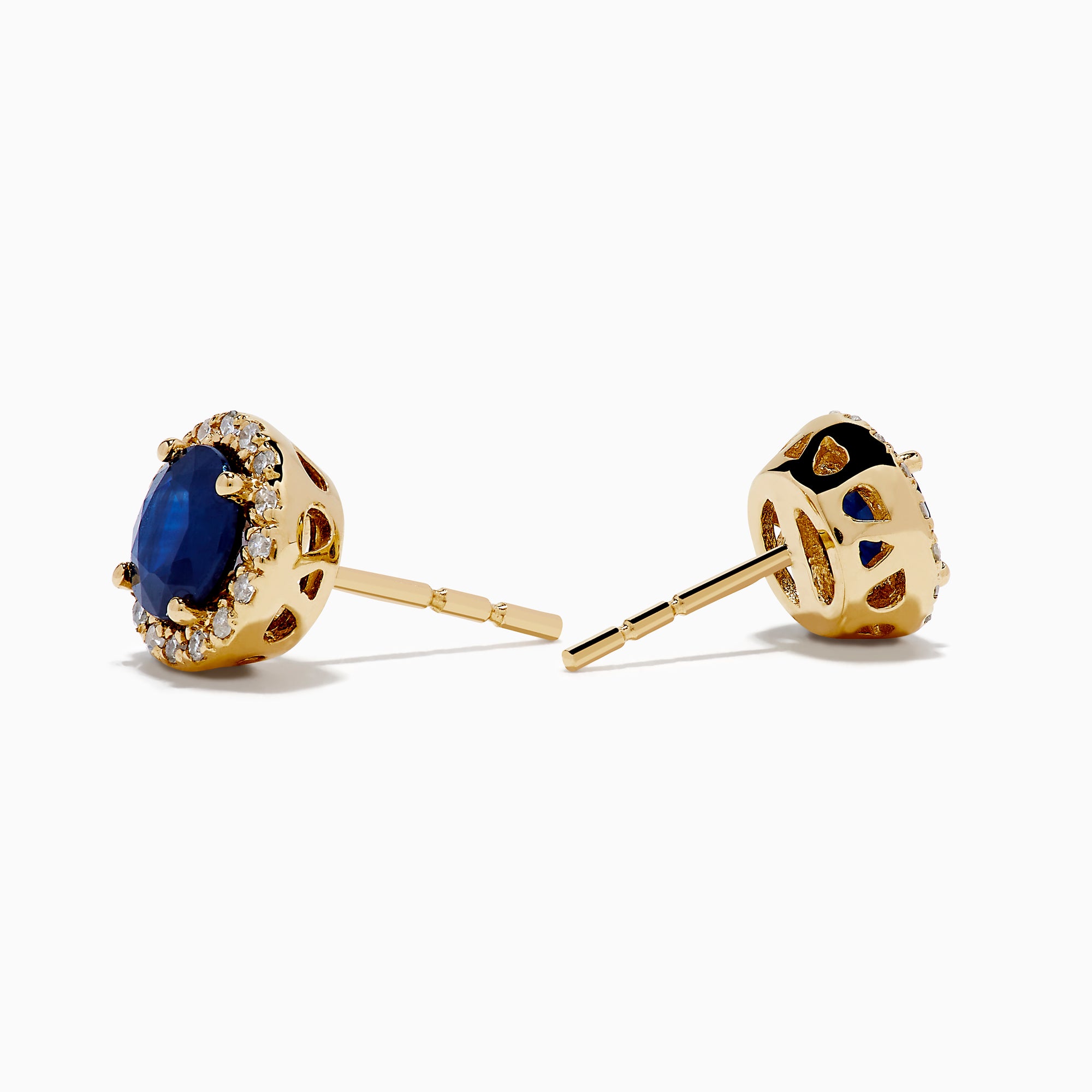 The 14K Yellow Gold Sapphire and Diamond Halo Stud Earrings feature deep blue sapphires at the center, each encircled by sparkling diamonds and displayed on a white background.