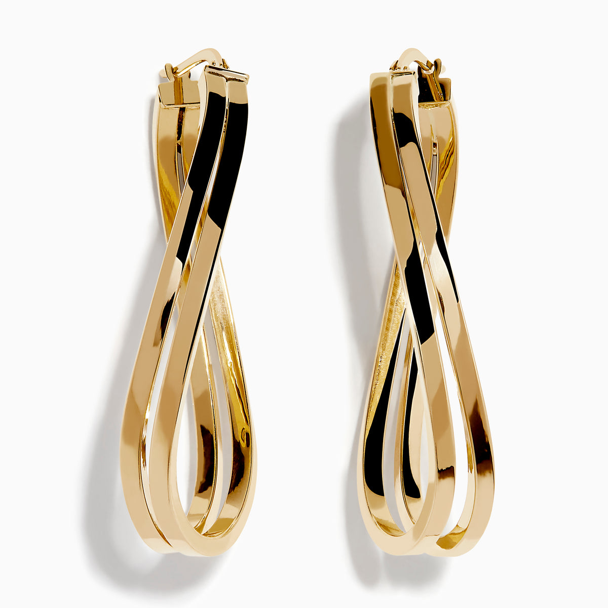 The 14K Yellow Gold Double Bar Hoops feature a shiny, modern twisted design with intertwined double bars, shown on a white background.