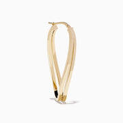 The 14K Yellow Gold Double Bar Hoops feature a shiny, modern twisted design with intertwined double bars, shown on a white background.