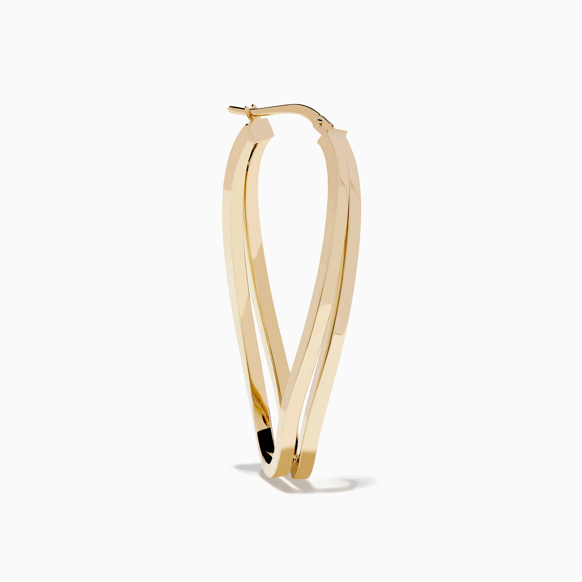 The 14K Yellow Gold Double Bar Hoops feature a shiny, modern twisted design with intertwined double bars, shown on a white background.