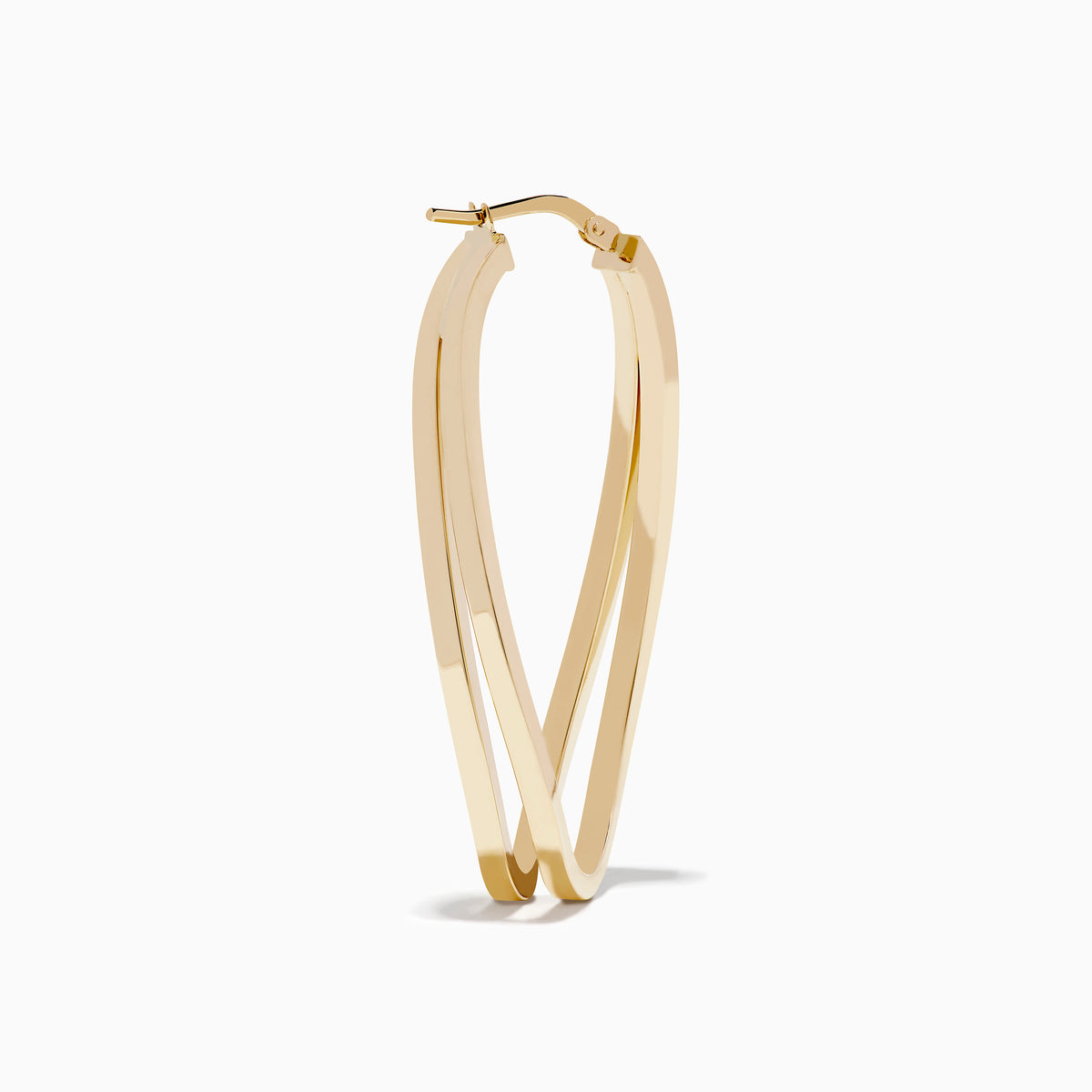 The 14K Yellow Gold Double Bar Hoops feature a shiny, modern twisted design with intertwined double bars, shown on a white background.