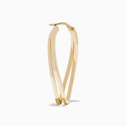 The 14K Yellow Gold Double Bar Hoops feature a shiny, modern twisted design with intertwined double bars, shown on a white background.
