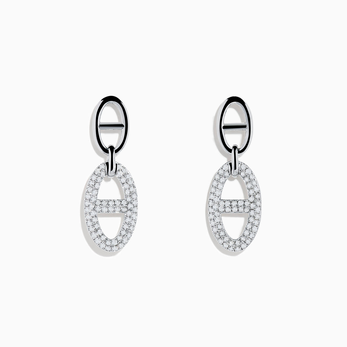 The 925 Sterling Silver Diamond Interlocking Link Earrings feature oval-shaped drops outlined with sparkling stones, each joined to a smaller oval loop for added diamond-inspired elegance.