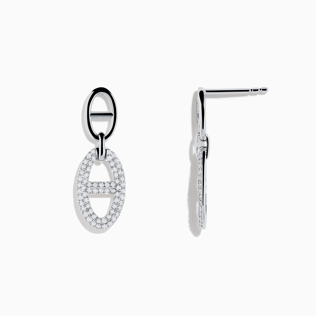 The 925 Sterling Silver Diamond Interlocking Link Earrings feature oval-shaped drops outlined with sparkling stones, each joined to a smaller oval loop for added diamond-inspired elegance.