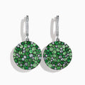 A pair of 925 Sterling Silver Multi Sapphire and Diamond Pave Disc Dangle Earrings with clustered gemstones hangs from gem-studded hooks, displayed against a white background.