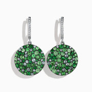 A pair of 925 Sterling Silver Multi Sapphire and Diamond Pave Disc Dangle Earrings with clustered gemstones hangs from gem-studded hooks, displayed against a white background.