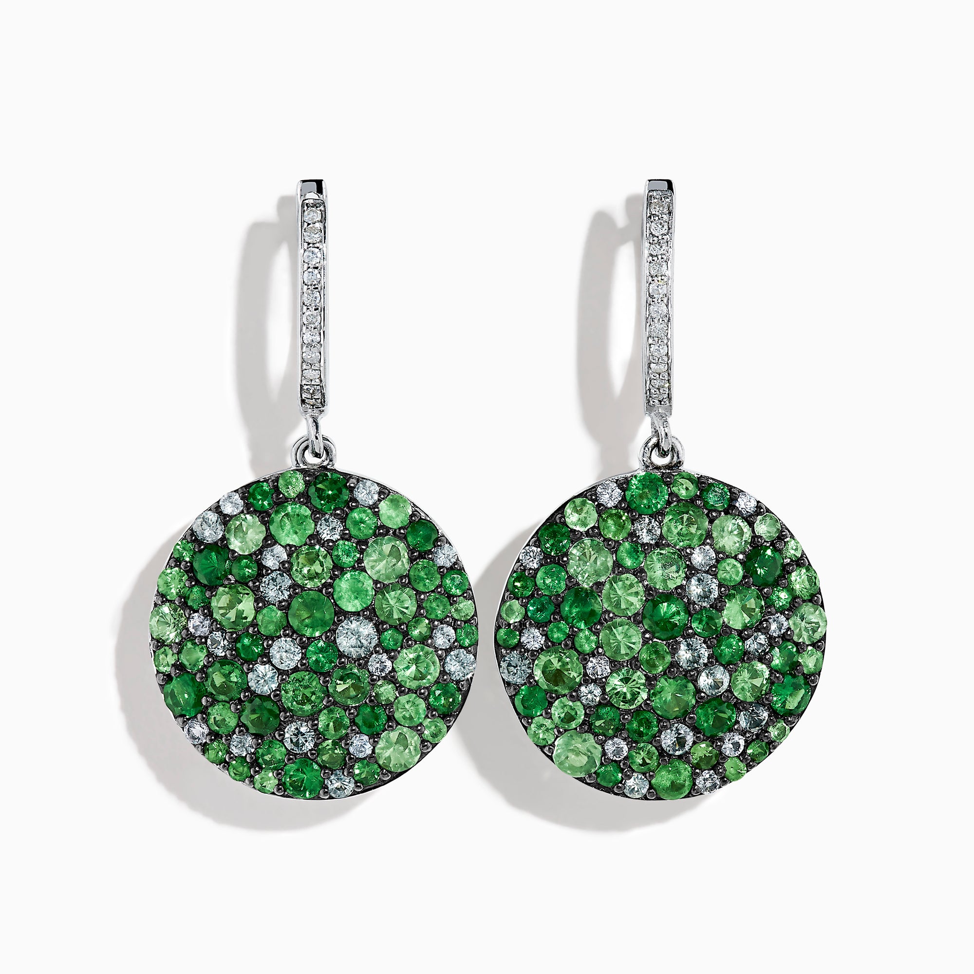 A pair of 925 Sterling Silver Multi Sapphire and Diamond Pave Disc Dangle Earrings with clustered gemstones hangs from gem-studded hooks, displayed against a white background.