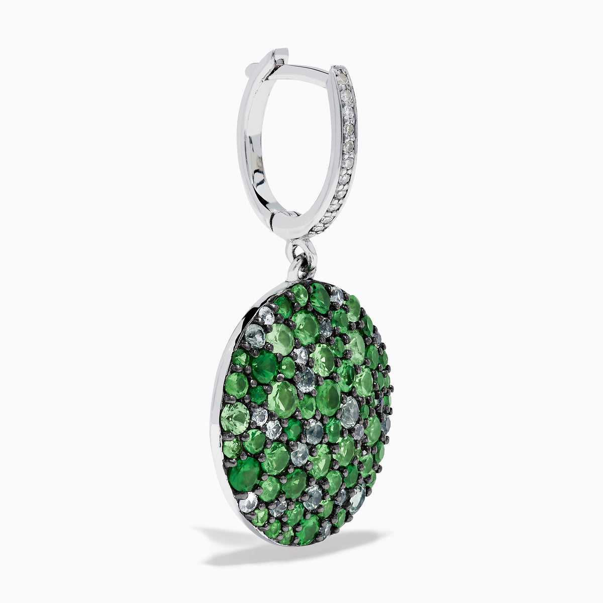 A pair of 925 Sterling Silver Multi Sapphire and Diamond Pave Disc Dangle Earrings with clustered gemstones hangs from gem-studded hooks, displayed against a white background.