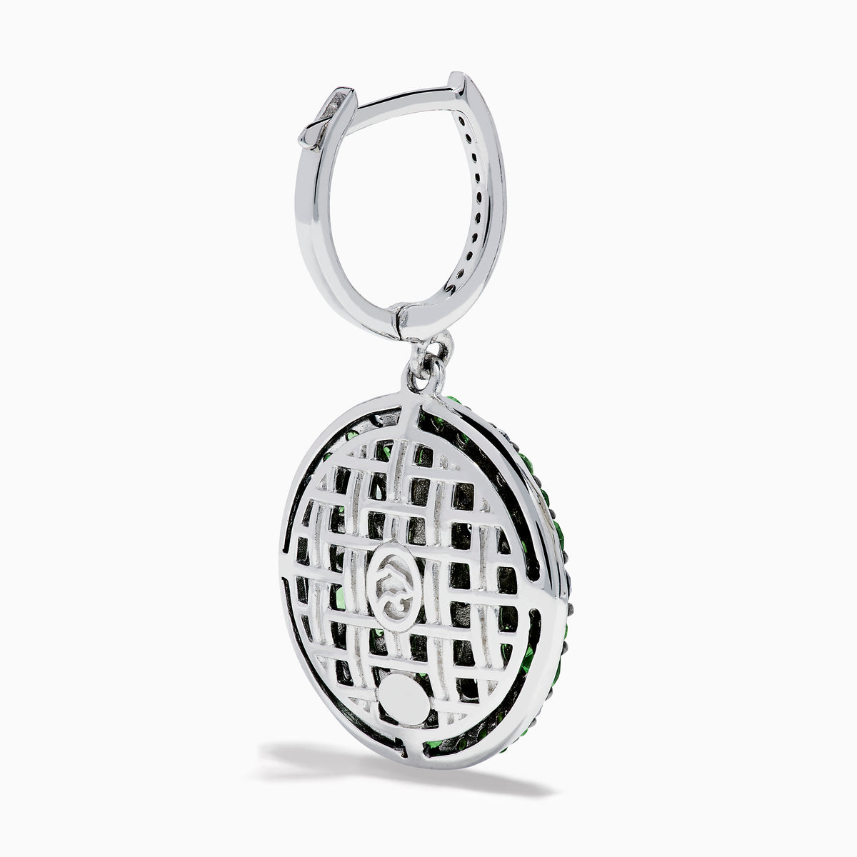A pair of 925 Sterling Silver Multi Sapphire and Diamond Pave Disc Dangle Earrings with clustered gemstones hangs from gem-studded hooks, displayed against a white background.