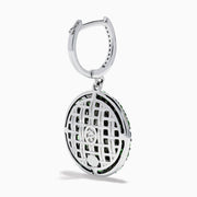 A pair of 925 Sterling Silver Multi Sapphire and Diamond Pave Disc Dangle Earrings with clustered gemstones hangs from gem-studded hooks, displayed against a white background.