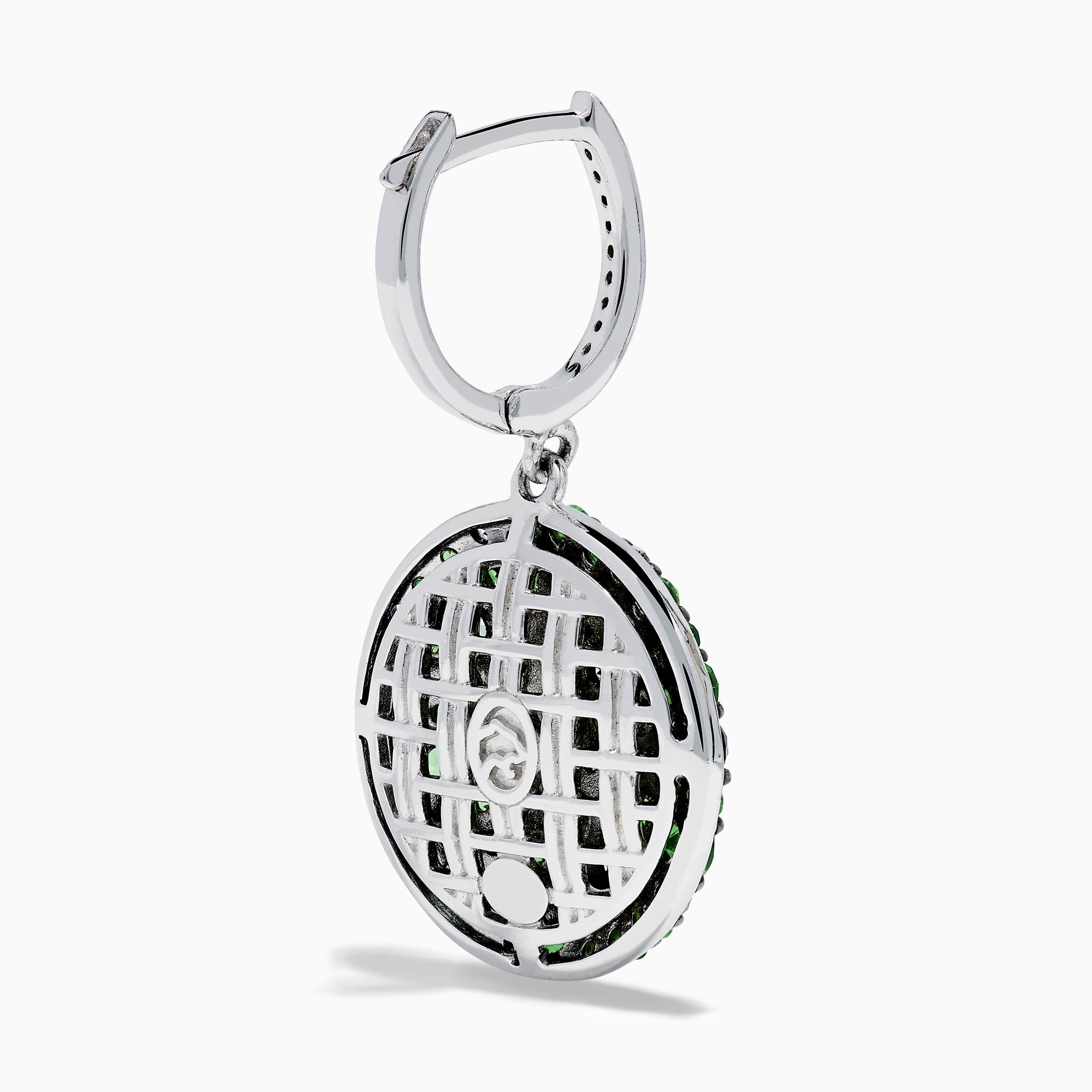 A pair of 925 Sterling Silver Multi Sapphire and Diamond Pave Disc Dangle Earrings with clustered gemstones hangs from gem-studded hooks, displayed against a white background.