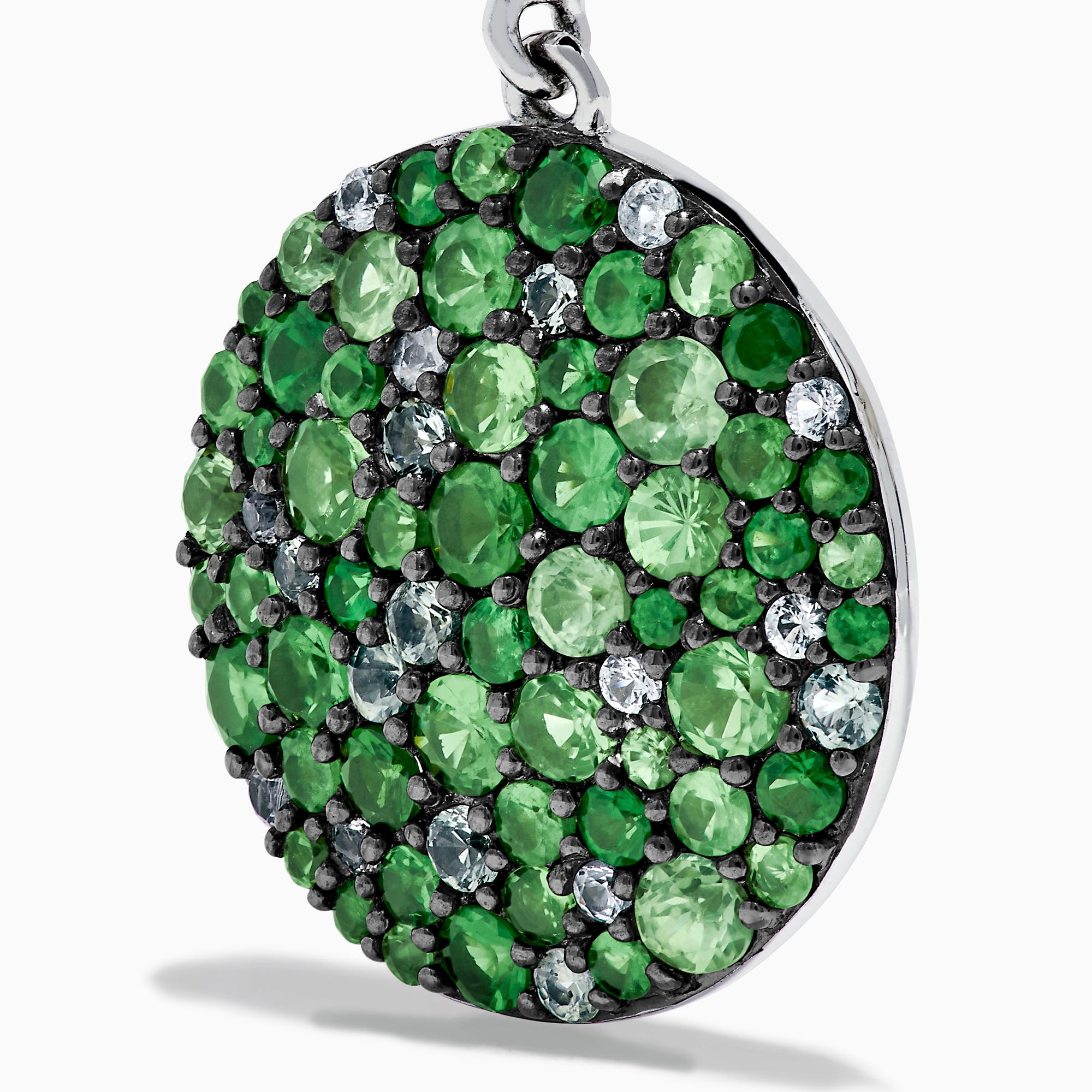 A pair of 925 Sterling Silver Multi Sapphire and Diamond Pave Disc Dangle Earrings with clustered gemstones hangs from gem-studded hooks, displayed against a white background.