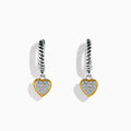 925 Sterling Silver and 18K Yellow Gold Diamond Heart Drop Earrings featuring twisted hoops with diamond-encrusted heart pendants, displayed against a white background.