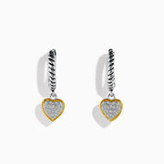 925 Sterling Silver and 18K Yellow Gold Diamond Heart Drop Earrings featuring twisted hoops with diamond-encrusted heart pendants, displayed against a white background.