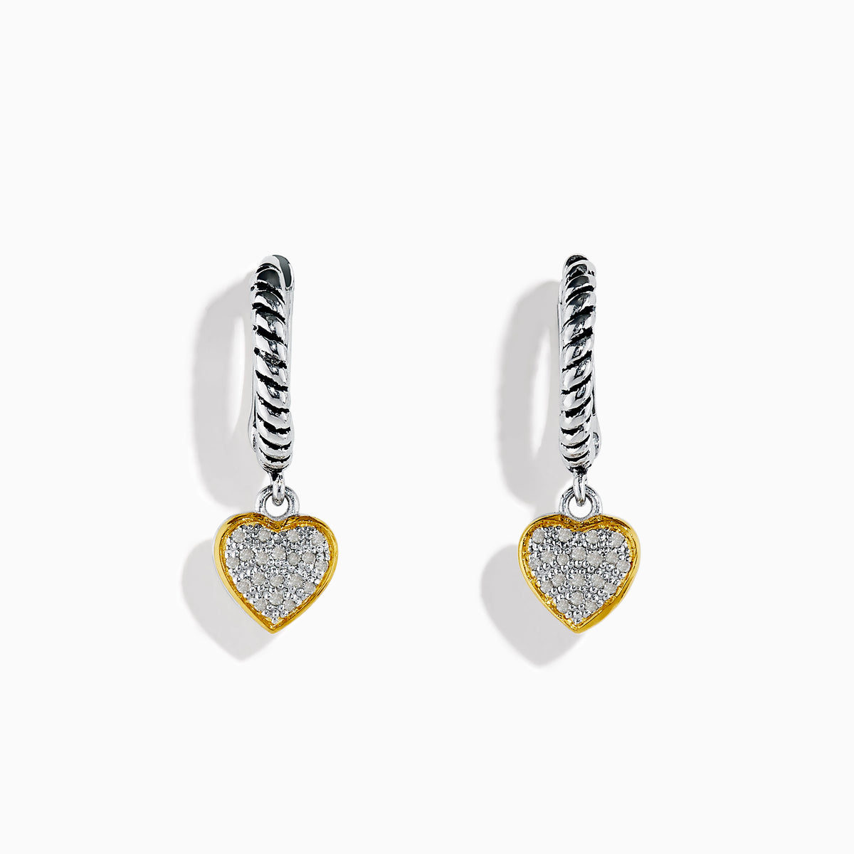 925 Sterling Silver and 18K Yellow Gold Diamond Heart Drop Earrings featuring twisted hoops with diamond-encrusted heart pendants, displayed against a white background.