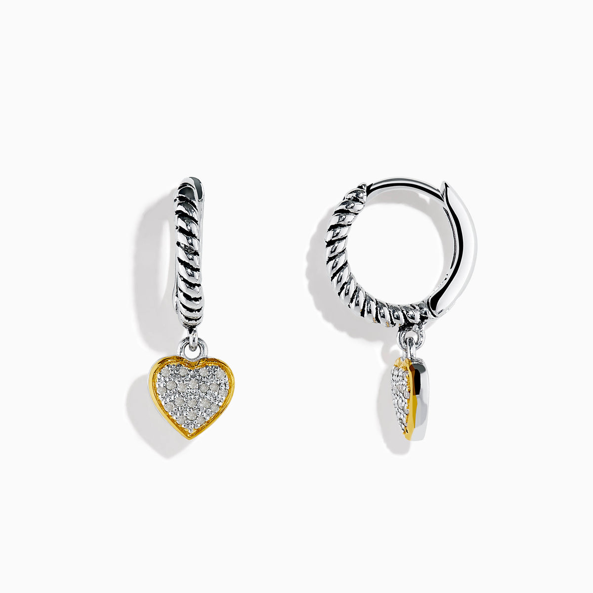 925 Sterling Silver and 18K Yellow Gold Diamond Heart Drop Earrings featuring twisted hoops with diamond-encrusted heart pendants, displayed against a white background.