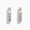 The 925 Sterling Silver Diamond Hoop Earrings feature rectangular sections with small, embedded clear stones, displayed on a plain white background.