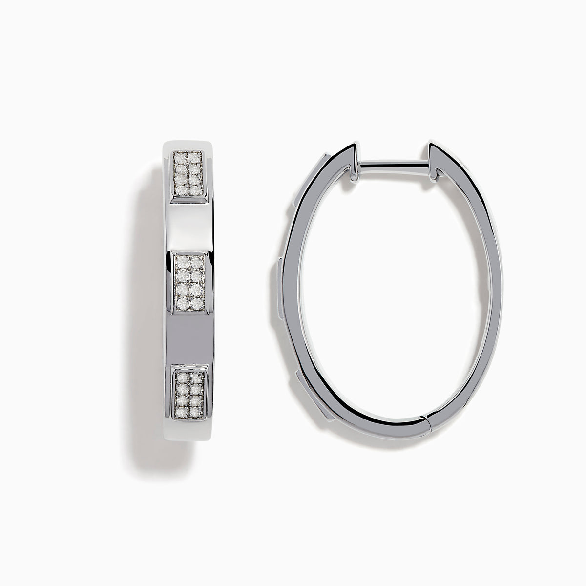 The 925 Sterling Silver Diamond Hoop Earrings feature rectangular sections with small, embedded clear stones, displayed on a plain white background.